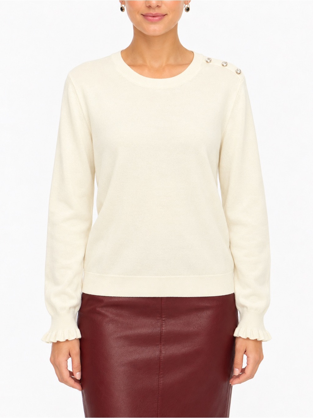 NWT J.Crew Factory White Ruffle Rhinestone Cotton Sweater Size M